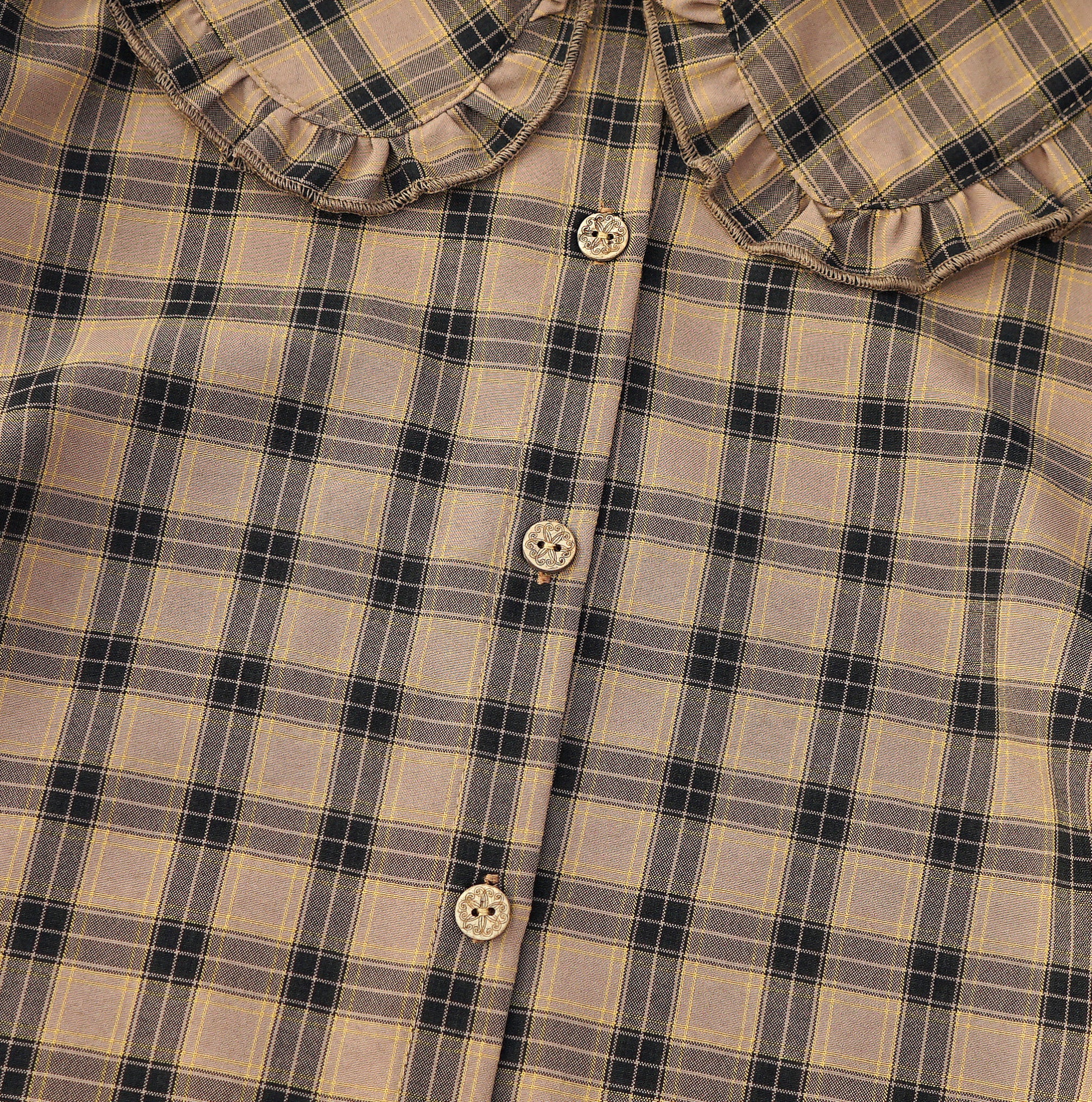 Vintage Plaid Peter Pan Collar Blouse Long Sleeve Button-Up Shirt with Ruffle Detail