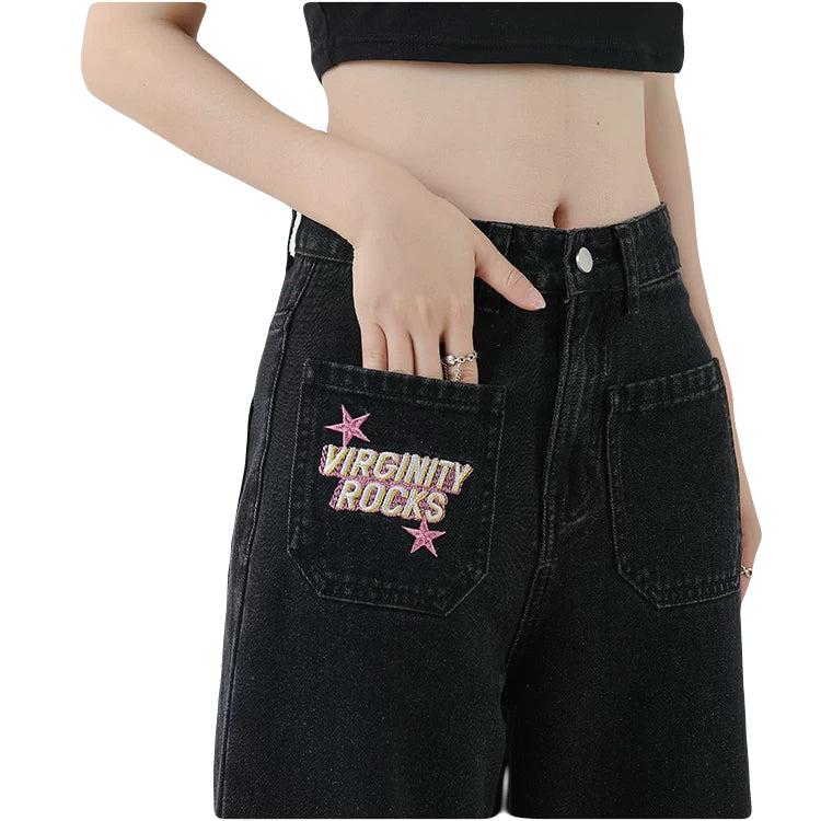Loose Vintage Black Wide Leg Jeans Women's Gradient High Waist Embroidered Denim Pants Streetwear