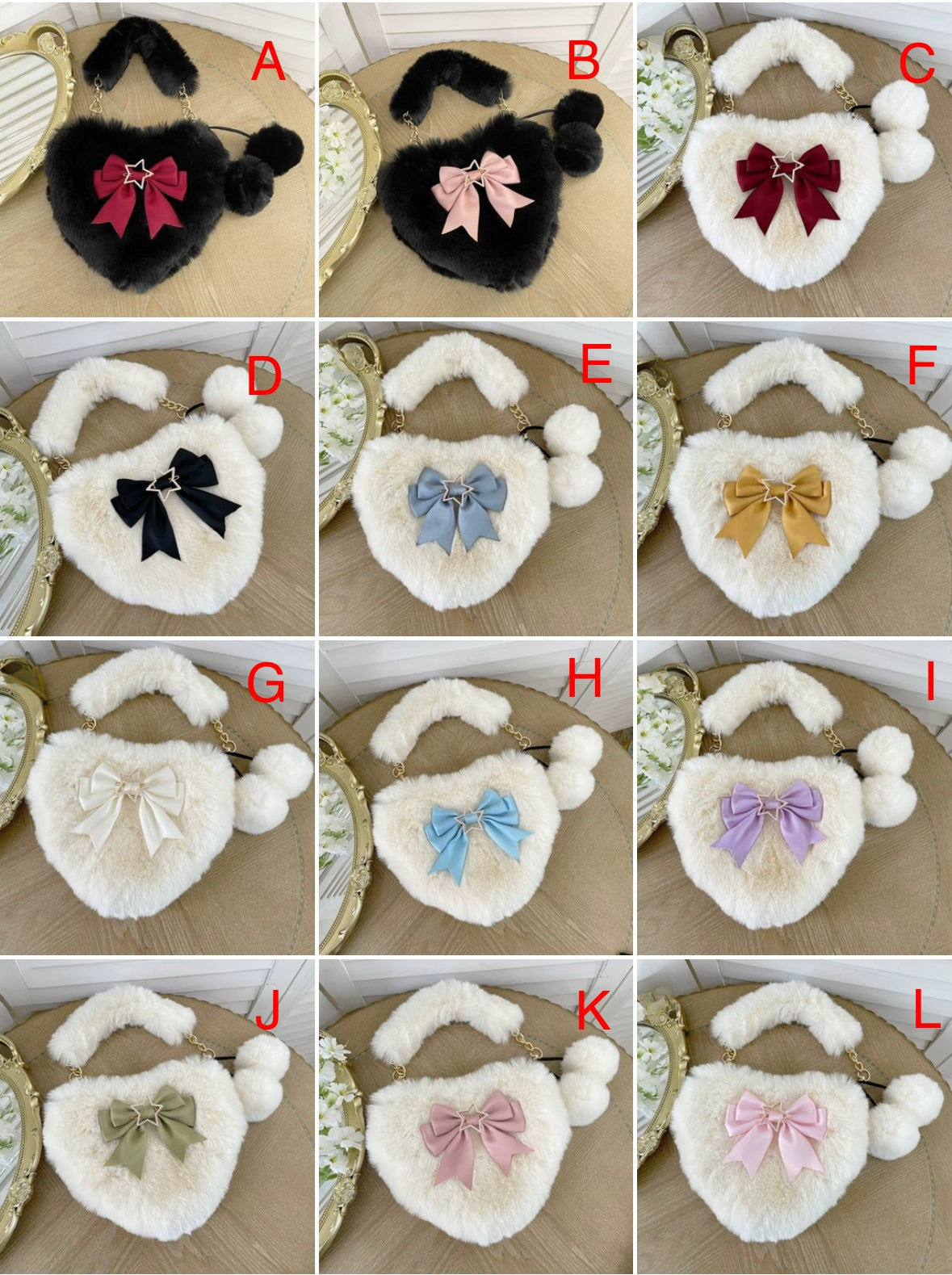 Cute Furry Heart Shoulder Bag with Bow and Star Charm Soft Plush Lolita Style Handbag