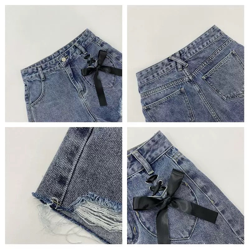 Chic Bow Tie High Waist Denim Shorts Women's Lace-Up Heart Pocket Ripped Hot Pants Kawaii A-Line Summer Jean Shorts
