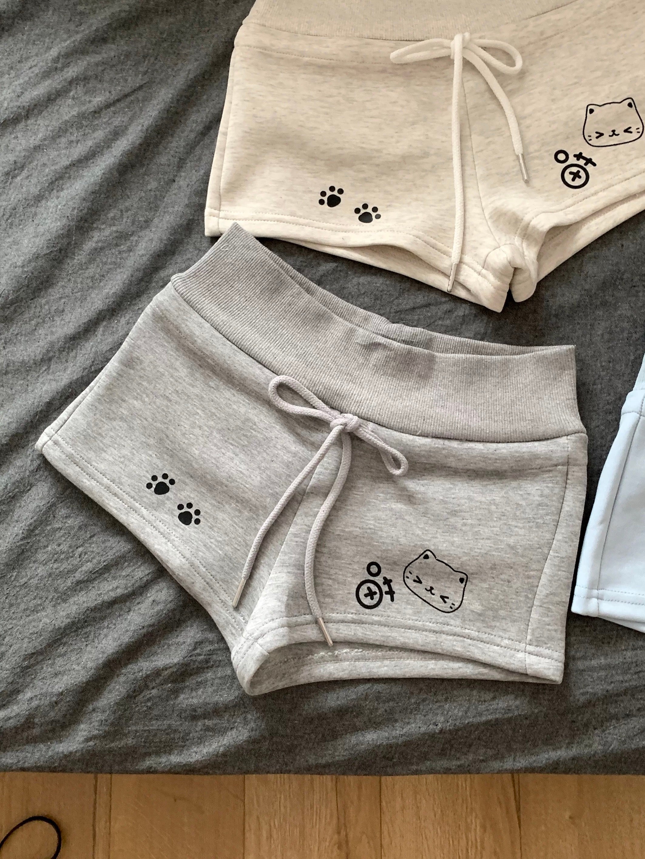 Kawaii Cat Paw Print Cotton Shorts Soft High Waist Lounge Shorts with Drawstring