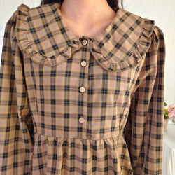 Vintage Plaid Long Sleeve Dress with Peter Pan Collar Ruffle Trim Midi Cottagecore Dress