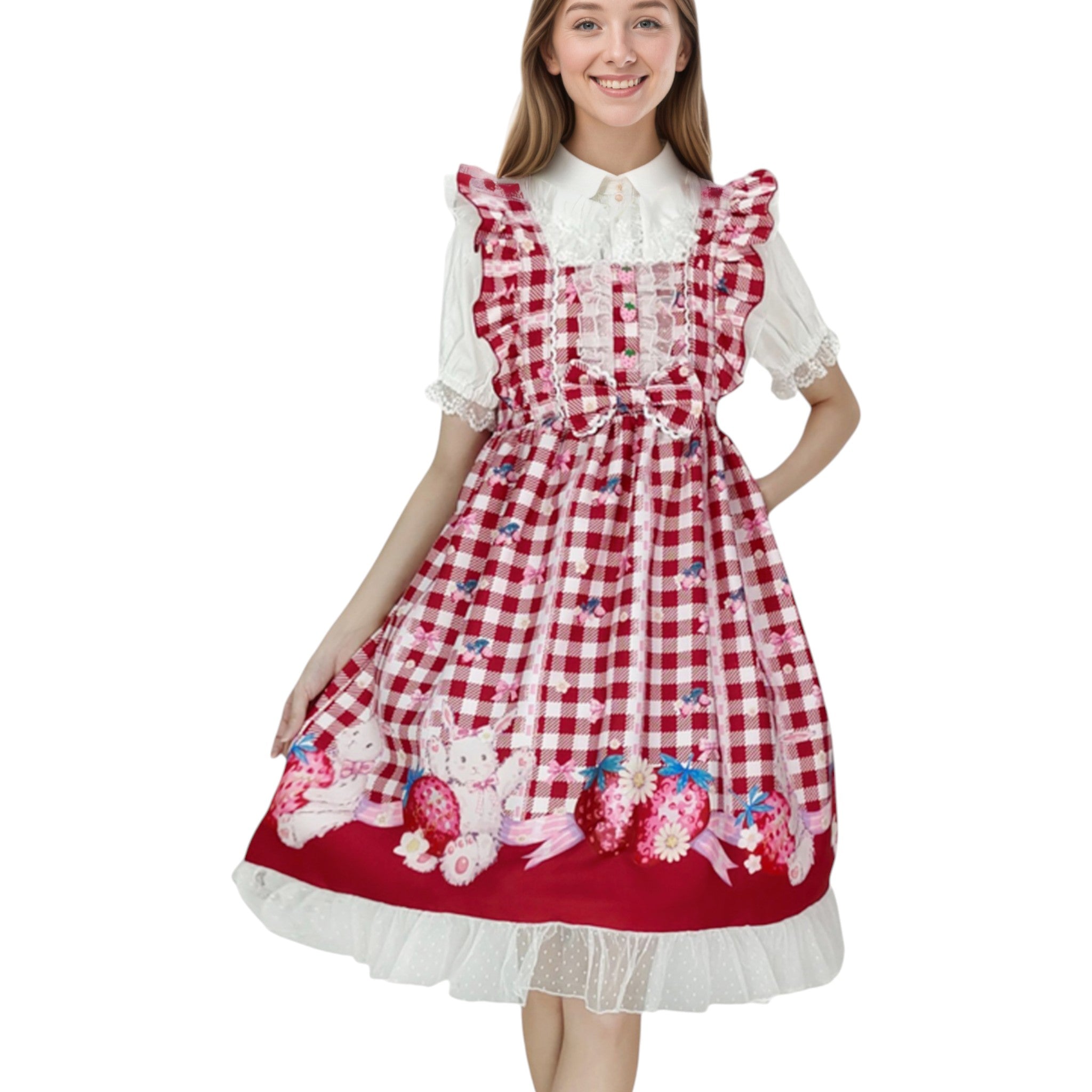 Kawaii Rabbit Strawberry Plaid Lolita JSK Dress with Gingham Print Lace Trim
