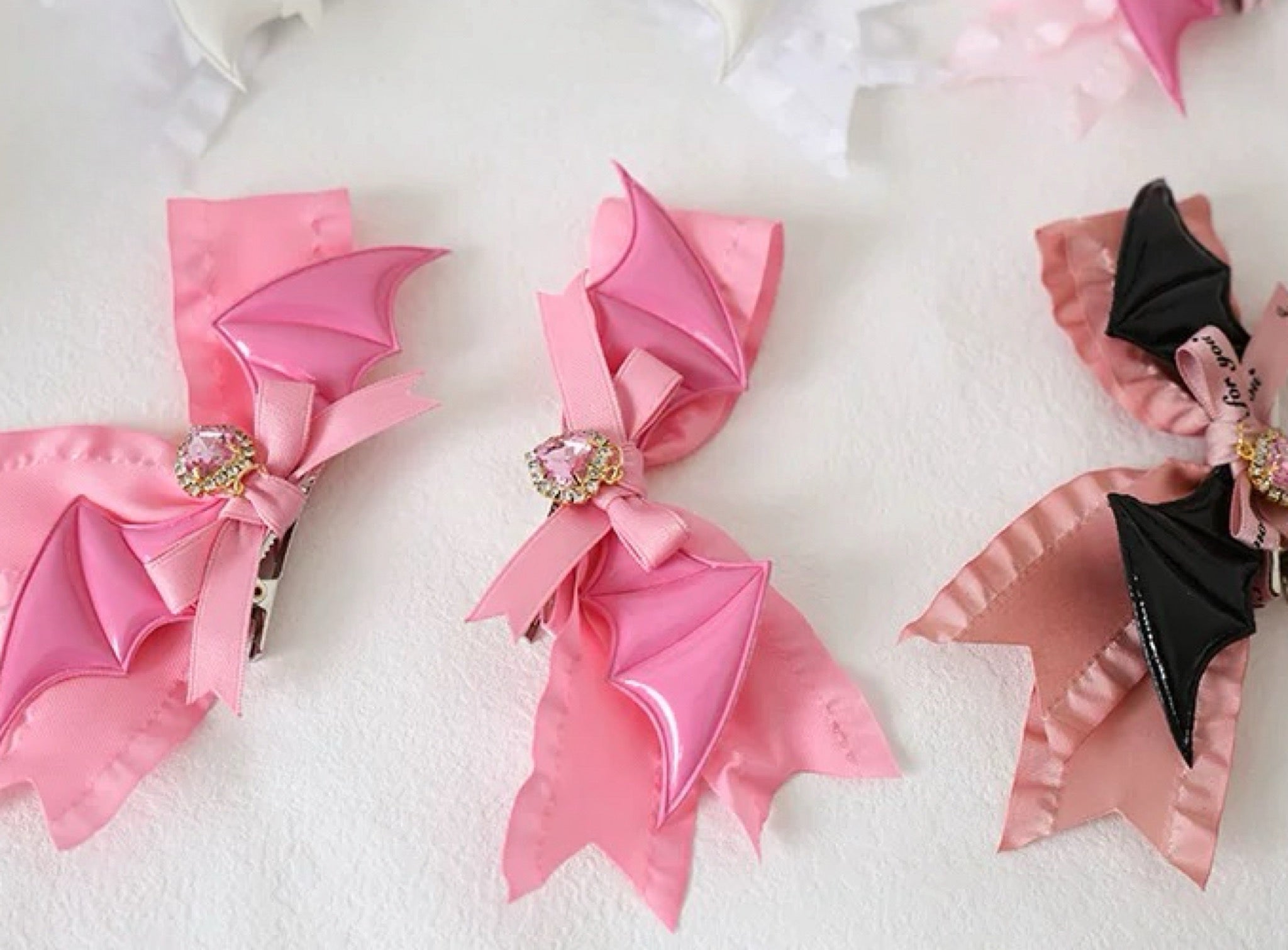 Kawaii twin-tail bow clips in various Lolita styles with metal accents gothic lolita hair clips, yami kawaii accessories