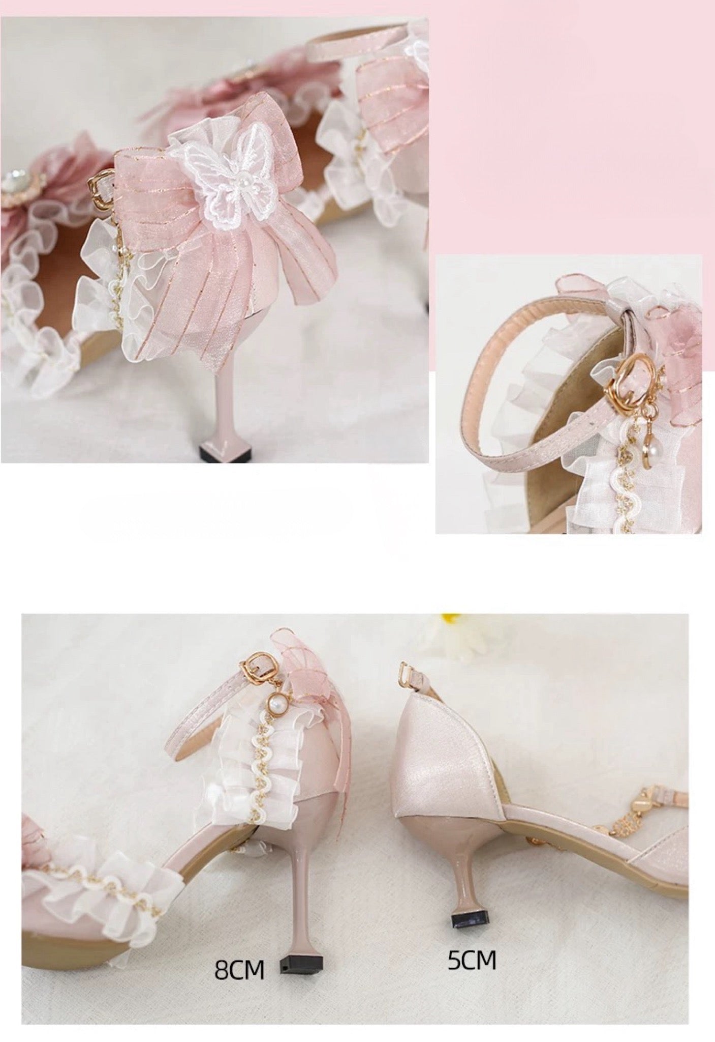 Original Lolita Pink Bow Heels Handmade Bridal Party Shoes with Ruffles & Pearls
