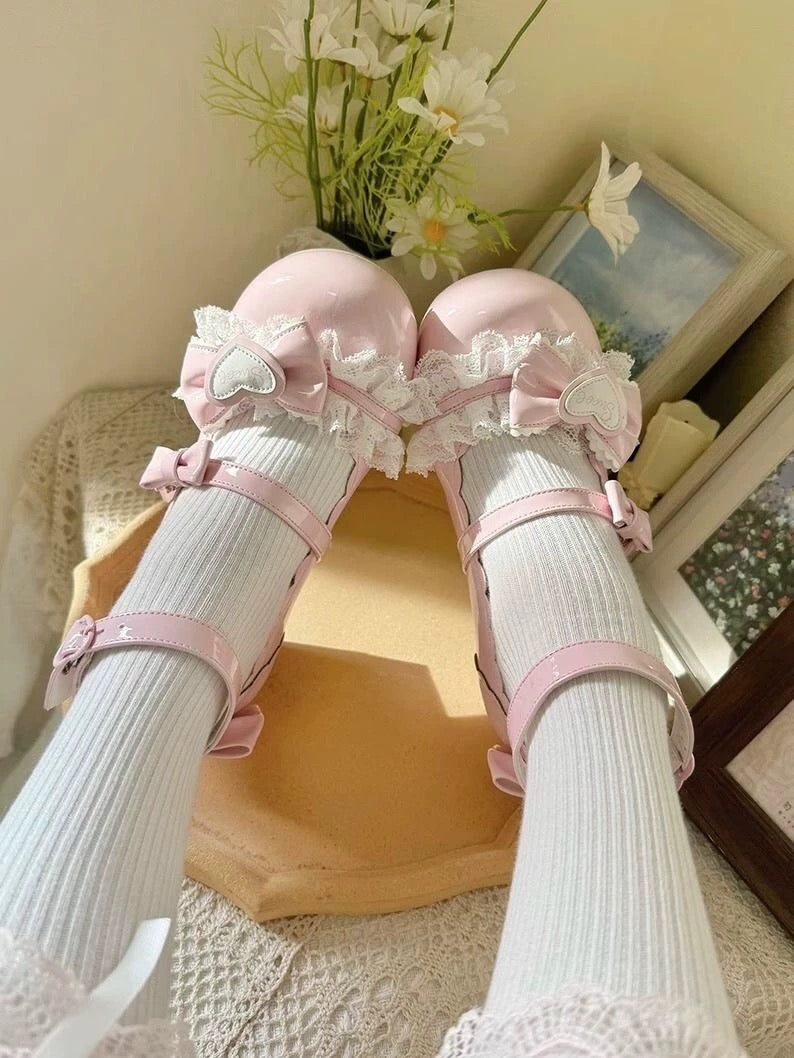 Sweet Lolita Lace Bow Heart Mary Jane Shoes Princess Style Patent Flats for Girls