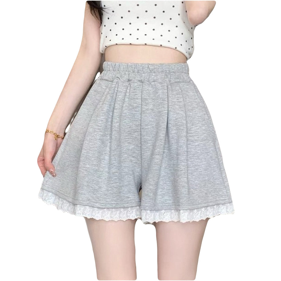 Model wearing high waist wide leg casual shorts with lace trim Loose Fit Short for Lady