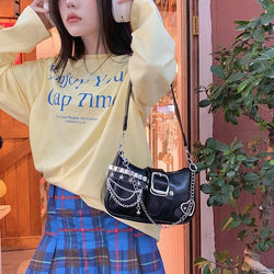 Women Casual Y2K Heart Buckle Shoulder Bag Chain Decor PU Underarm Purse for Girls
