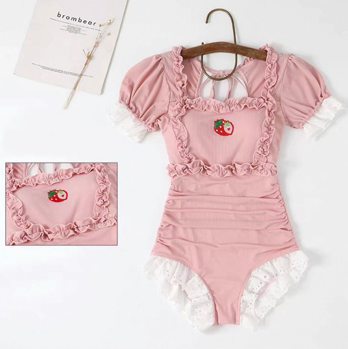 Kawaii Puff Sleeve Strawberry Embroidery One-Piece Swimsuit Korean Style Ruffle Swimwear