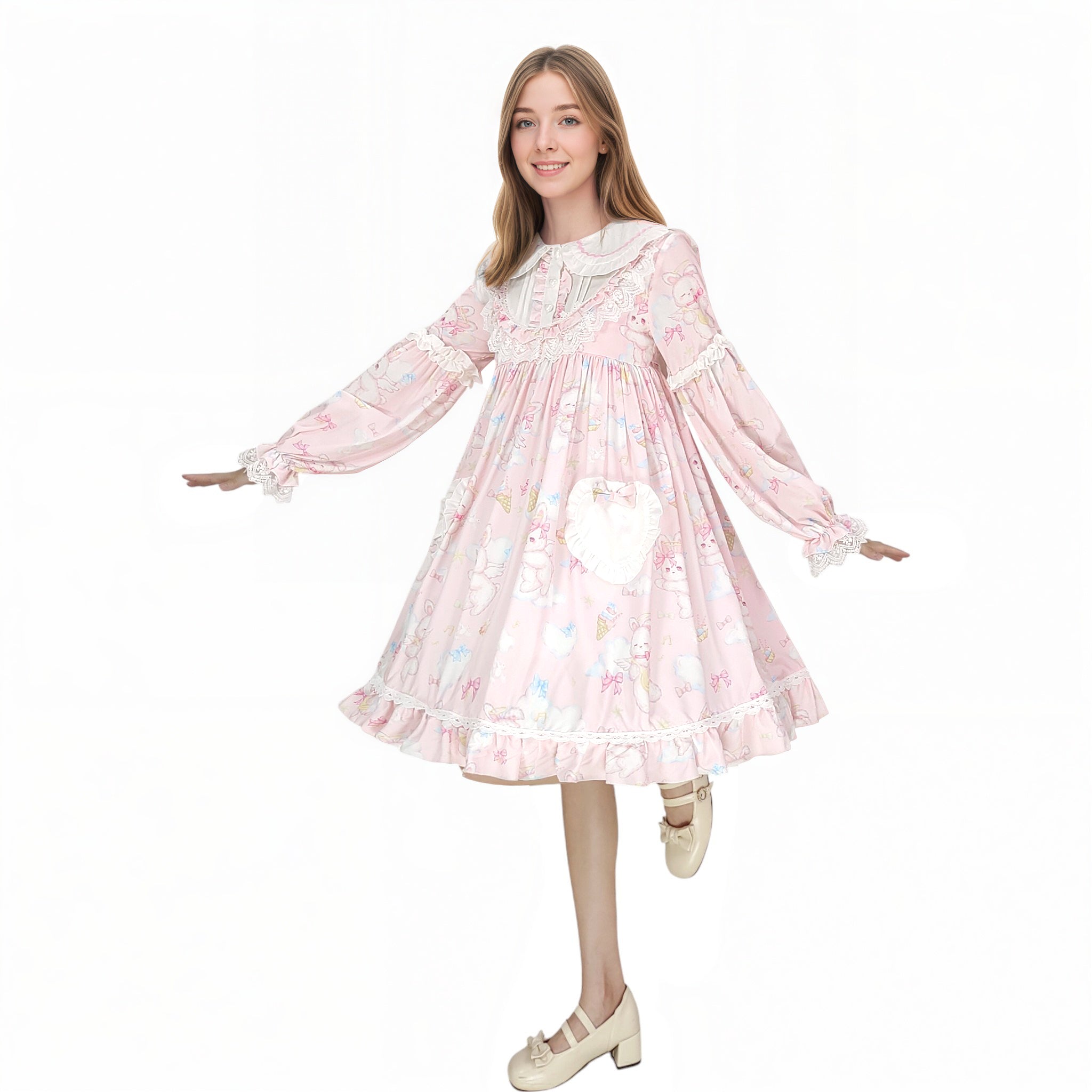 Cute Ladies Pleated Dresses Puff Sleeve Animal Printed Heart Pocket Button Pink/Blue