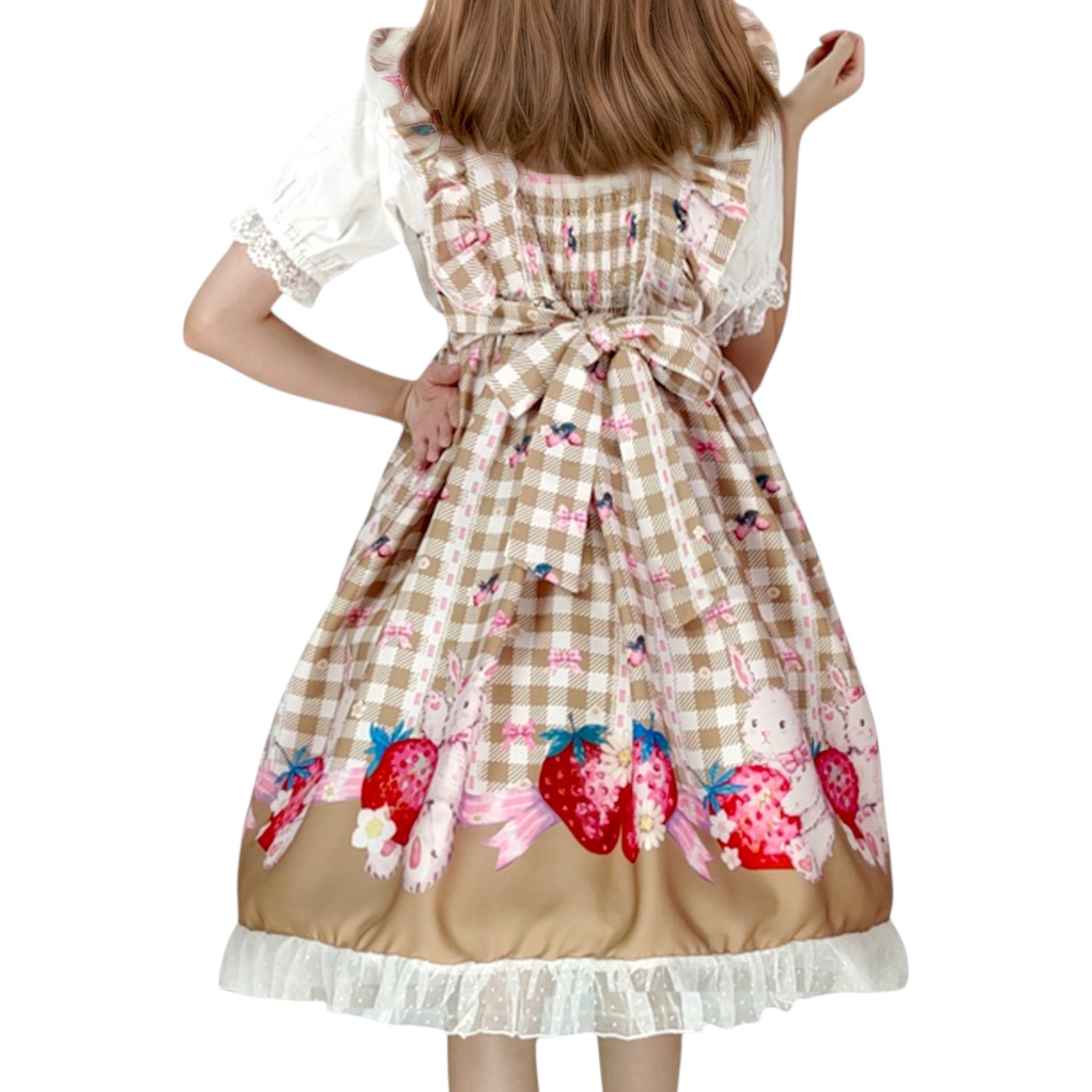 Kawaii Rabbit Strawberry Plaid Lolita JSK Dress with Gingham Print Lace Trim