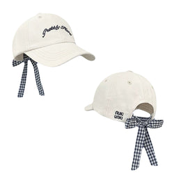 Ribbon Tie Letter Embroidered Baseball Cap Women Casual Hat with Gingham Bow Back