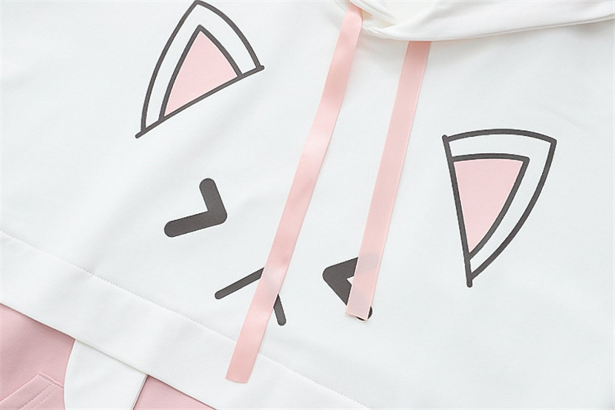 Kawaii Cat Ears Hoodie for Girls Japanese Cartoon Pullover with Paw & Tail Print