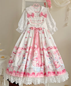 Cute Cos Lolita Dresses for Women Vintage Dress Cotton with Bunny Short Sleeves Off Shoulder