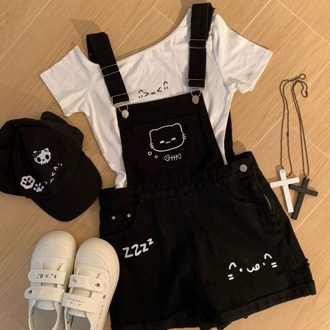 Kawaii Black Cat Print Overall Shorts Cute Suspender Cotton Romper with Cartoon Design