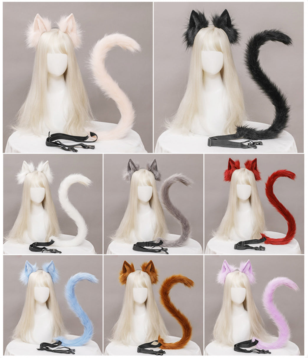 Handmade furry animal ear headband cosplay accessory with realistic plush fox ears matching tail