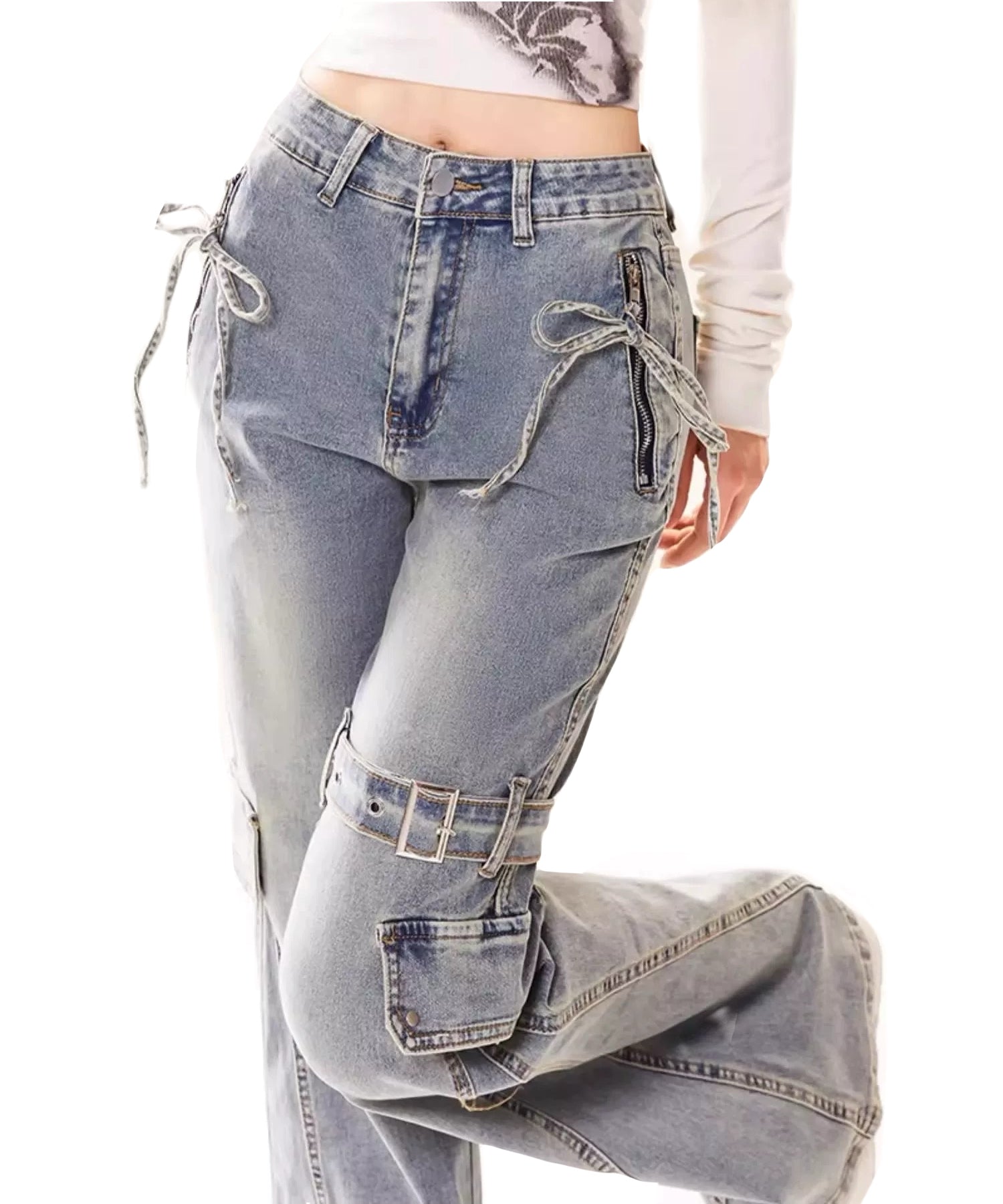 Flared Cargo Jeans Women’s Belted Patchwork Denim Pants with Side Pockets Slim Fit Bell Bottom Trousers