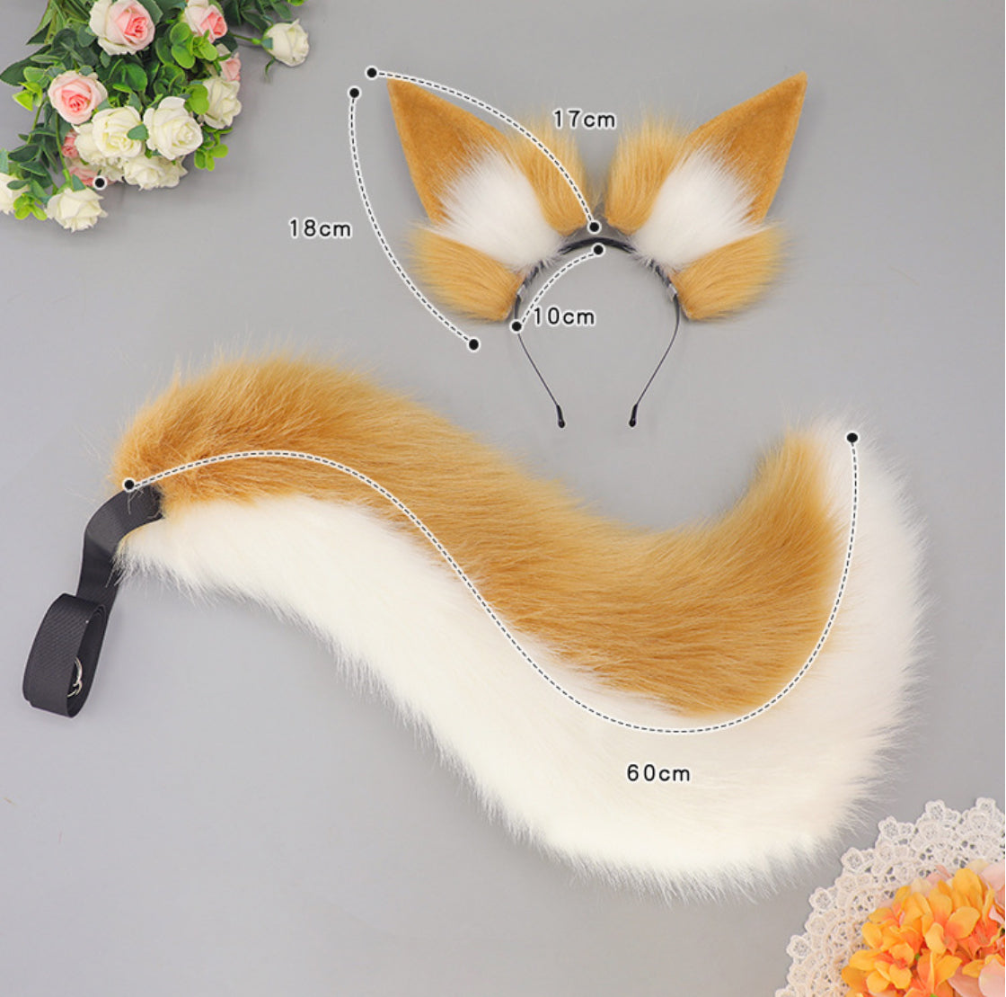 Fox Ear and Tail Cosplay Set Tamamo Style Fluffy Faux Fur Headband & Waist Tail for Girls