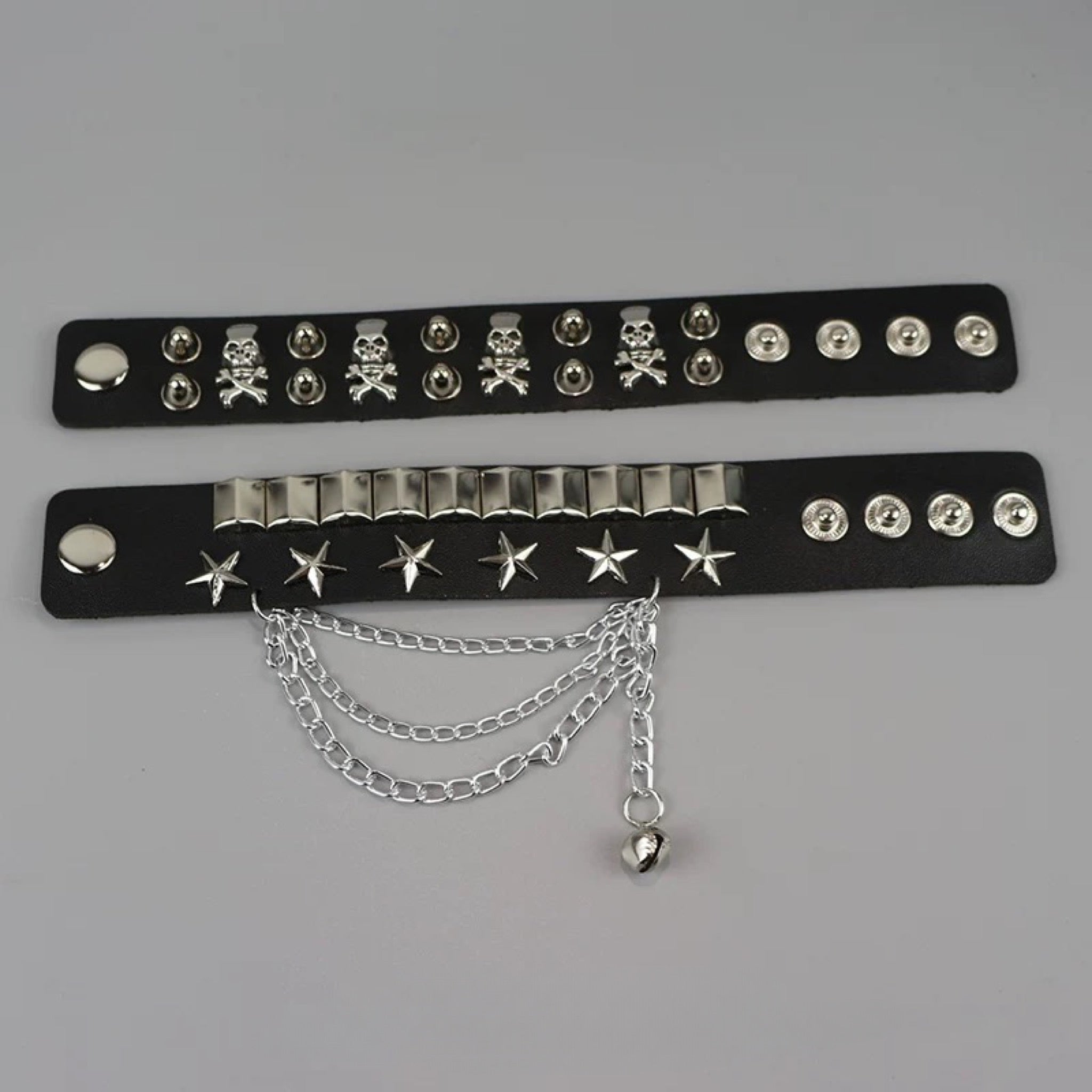 Unisex Punk Skull Spiked Leather Chain Bracelet Gothic Alloy Cuff Bangle with Stars & Studs