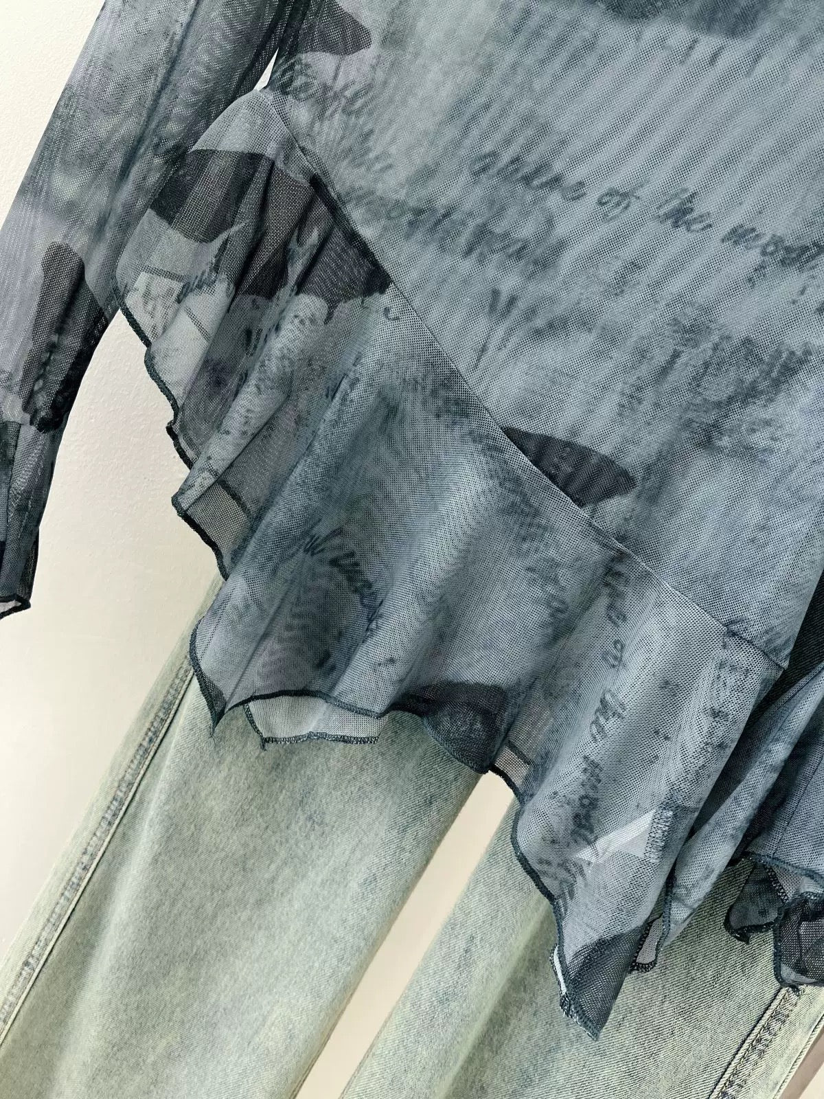 Y2K Sheer Mesh Butterfly Print Top Asymmetric Off-Shoulder Slim Fit See-Through Ruffle Sleeve Tee for Women