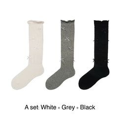 Kawaii Ballet Style Bow Socks 3 Pairs Cotton Thin Summer Slouchy Crew Socks for Girls