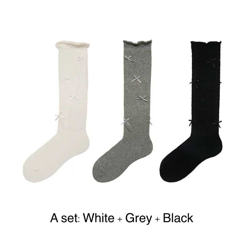 Kawaii Ballet Style Bow Socks 3 Pairs Cotton Thin Summer Slouchy Crew Socks for Girls