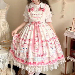 Cute Cos Lolita Dresses for Women Vintage Dress Cotton with Bunny Short Sleeves Off Shoulder