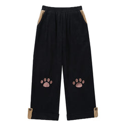 Cute Girl's Cat Paw Embroidery Corduroy Trousers Leg Pants Cropped Pants