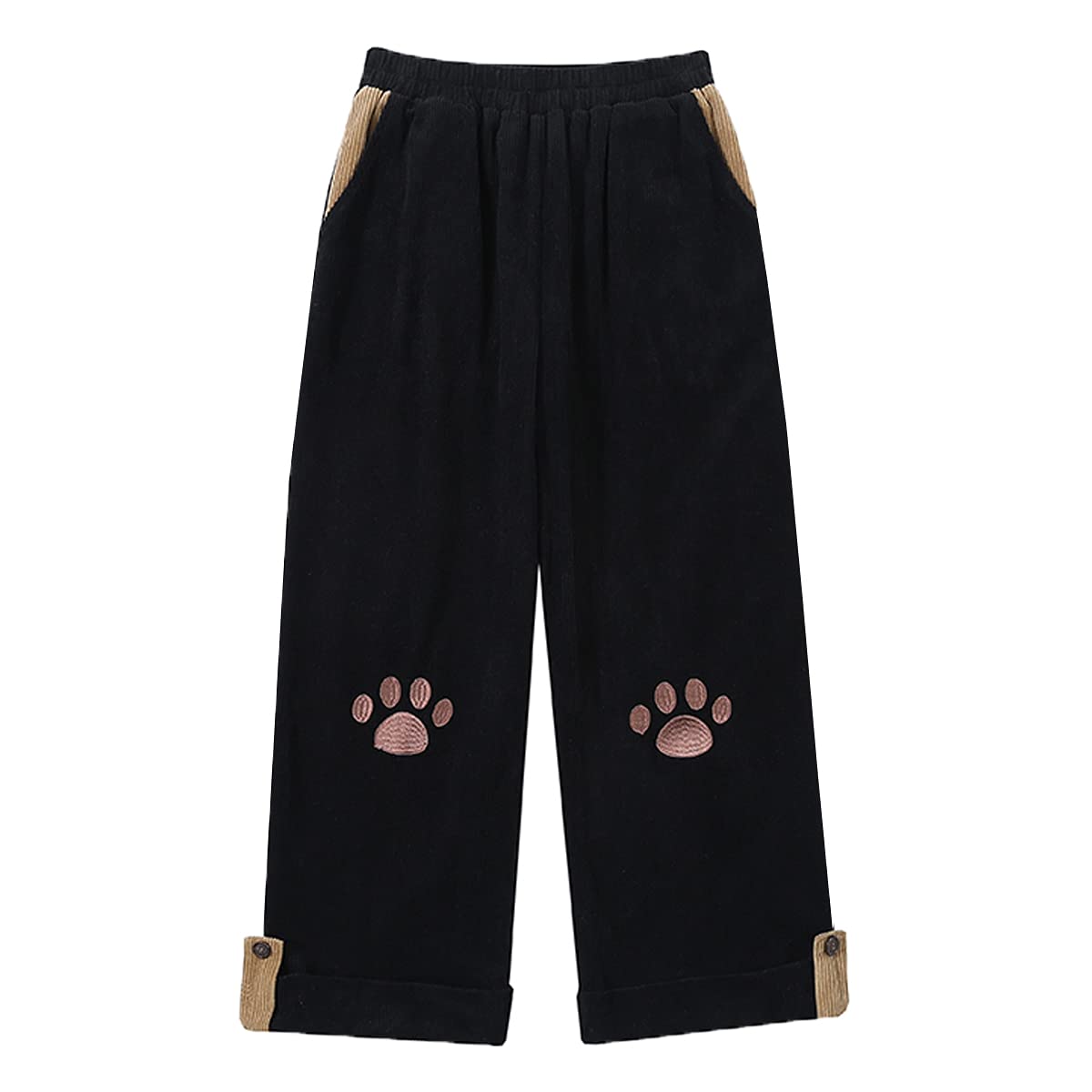 Cute Girl's Cat Paw Embroidery Corduroy Trousers Leg Pants Cropped Pants