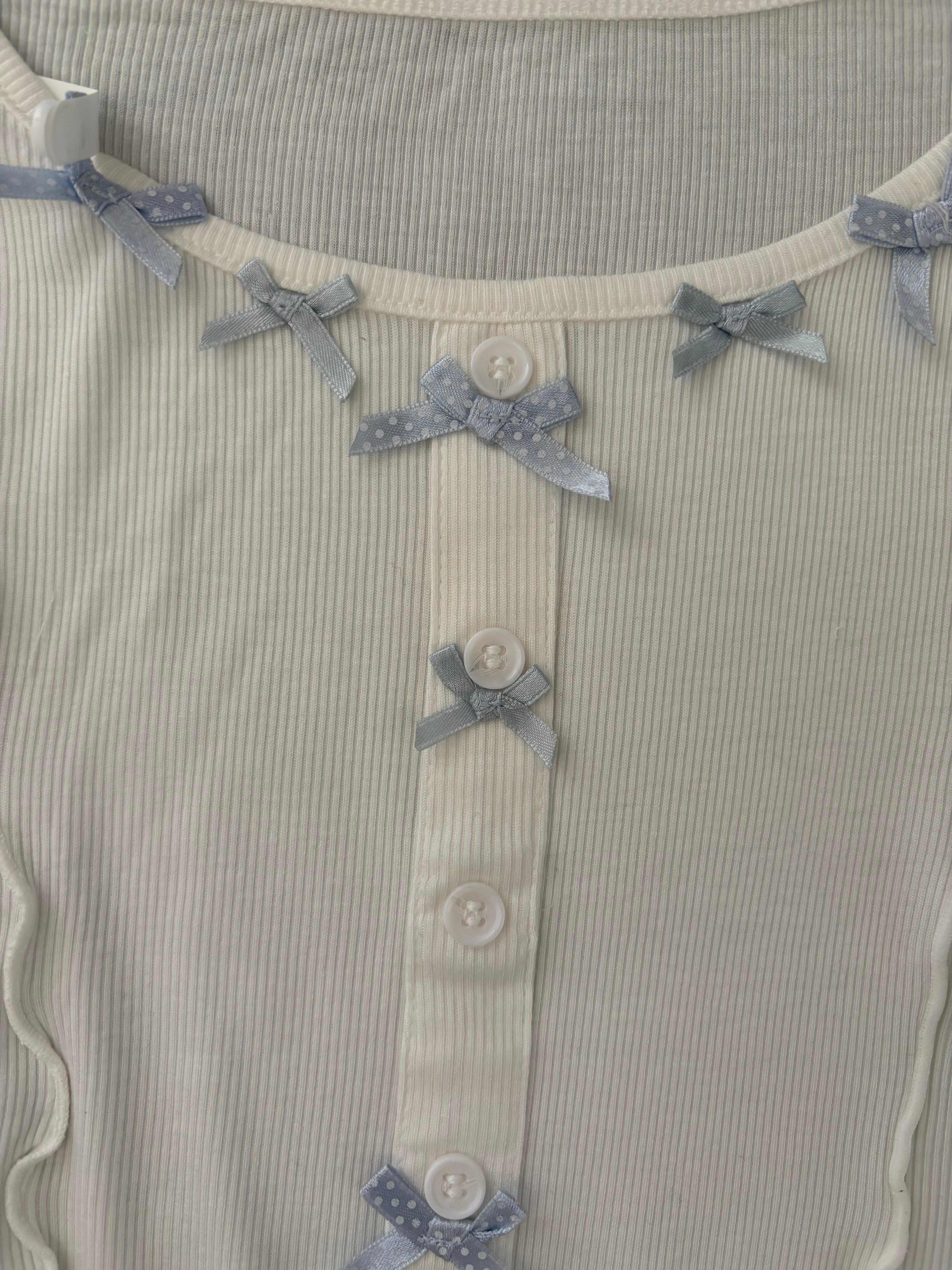 Milk white crop top with little blue bows