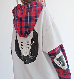 Women's Korean Cute Long Sleeve Loose False Two-Piece Jacket Fox Print Cotton Sweatshirts