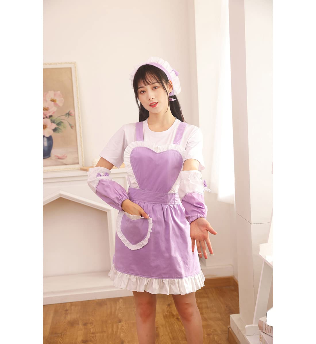 Cute Women's Apron Heart Pocket Lace Edge Cosplay Maid Dressing Apron Backless