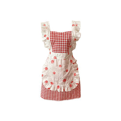Cute Tartan Apron For Women Cooking Adjustable Kawaii Cosplay Maid Red Lattice