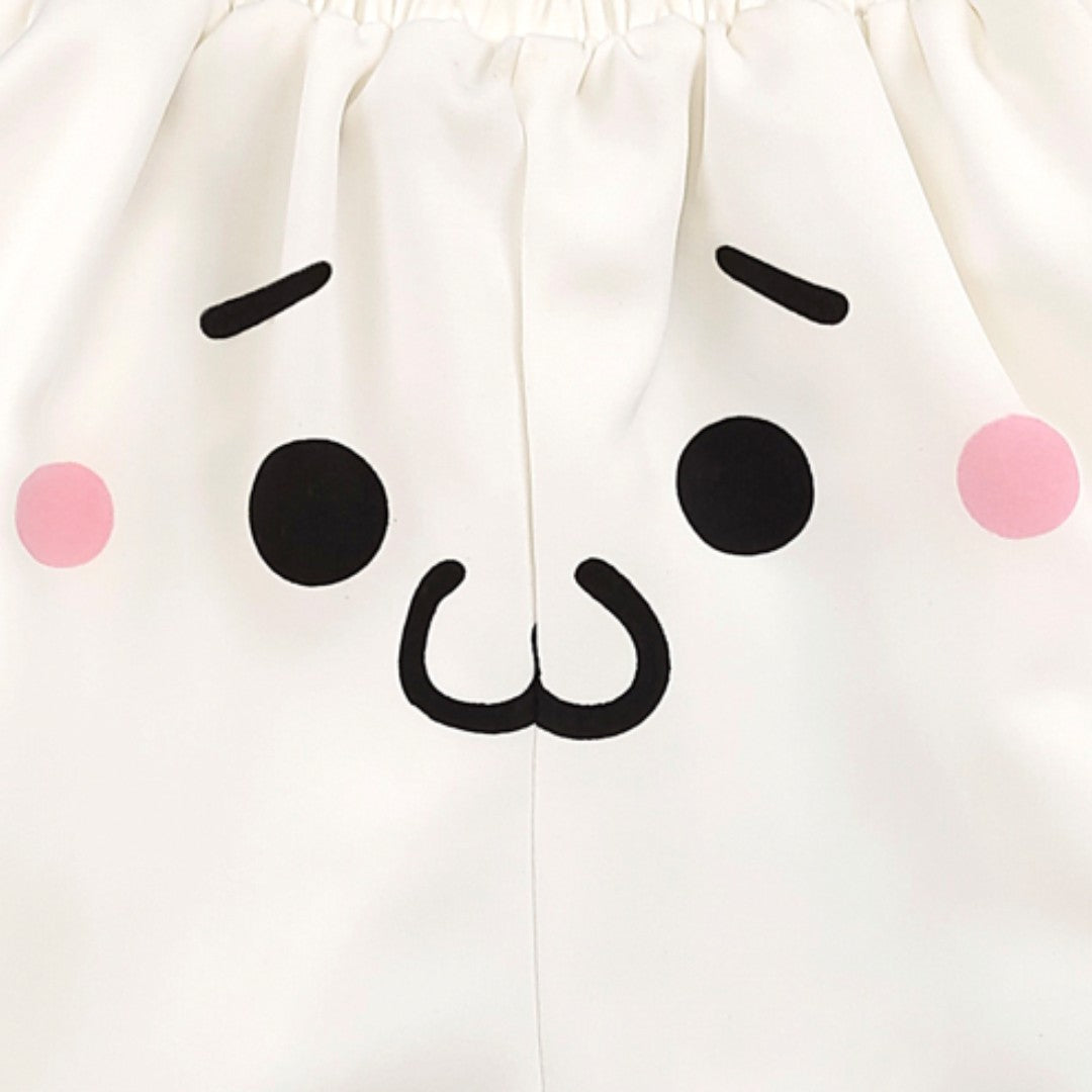 Kawaii Cartoon Face Bloomer Shorts Ruffle Hem White Cotton Pajama Style