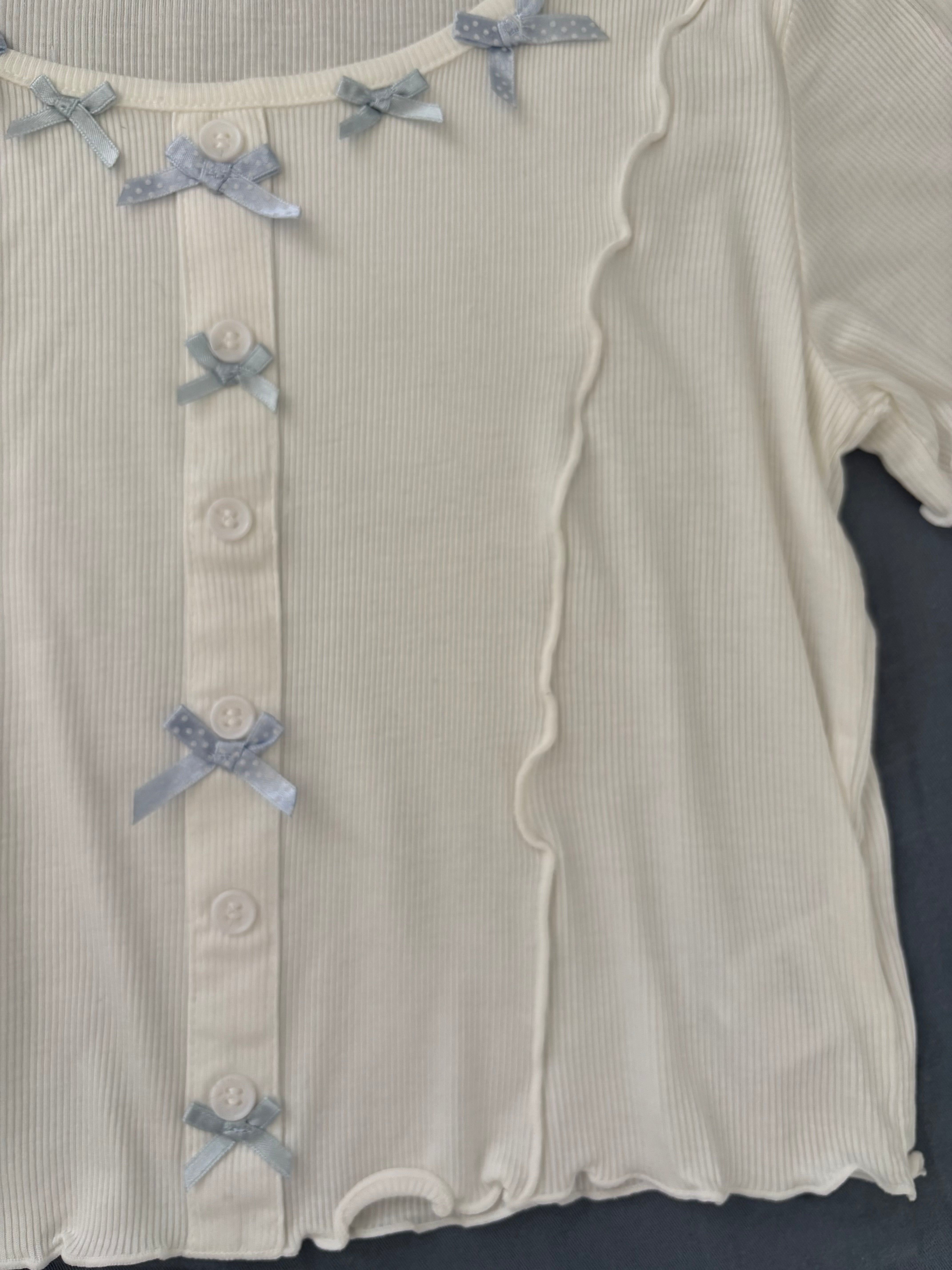 Milk white crop top with little blue bows