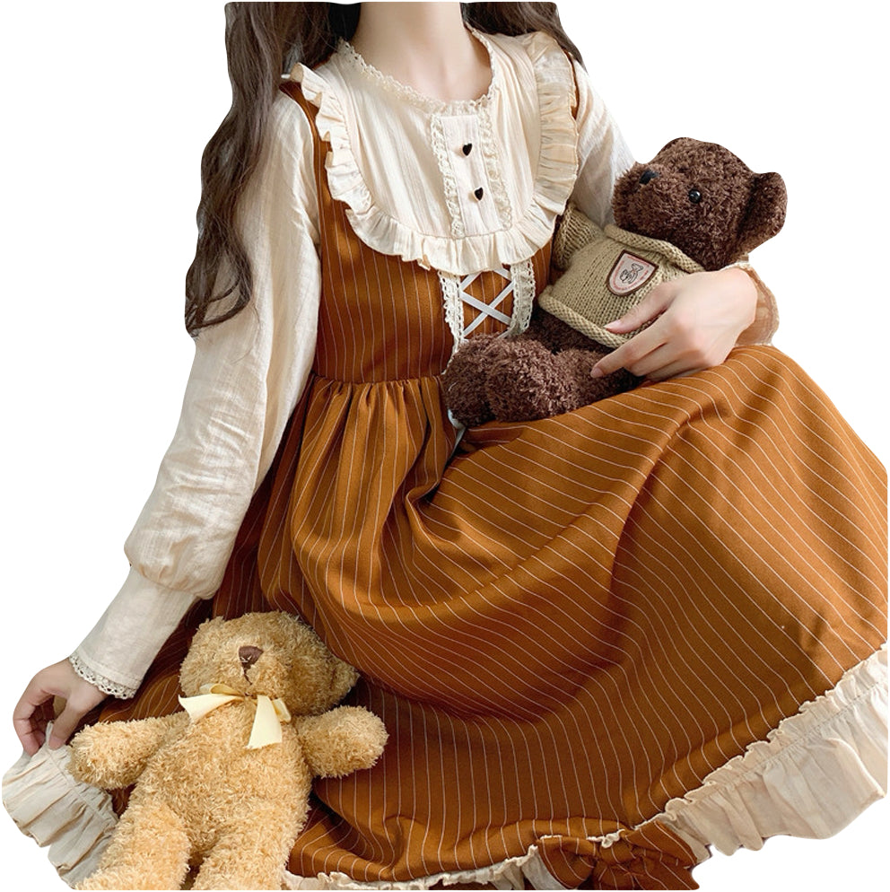 Two-Piece Striped Long Sleeve Bowknot Layered Midi Dress with Lace Trim and Ruffle Hem