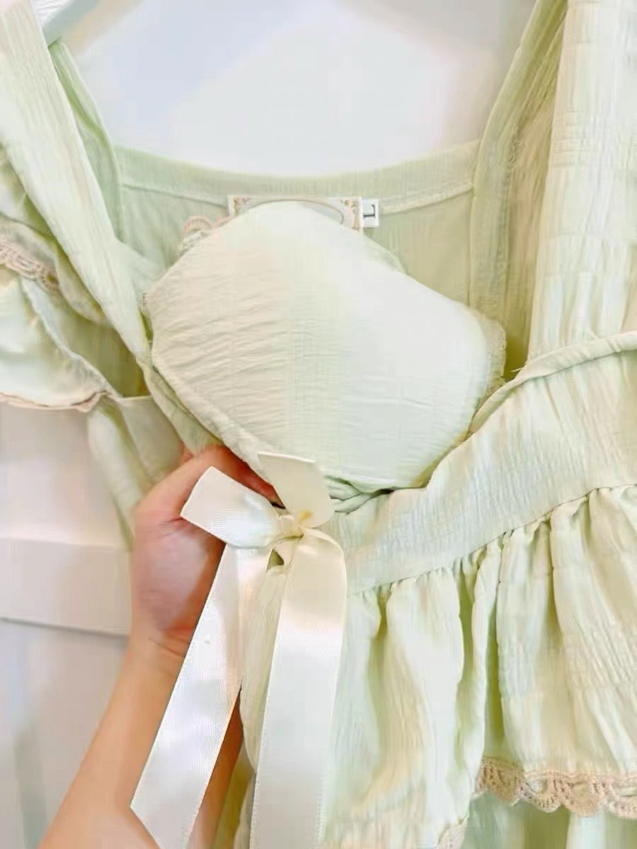 Sweet Cotton Princess Nightdress with Padding Summer Ruffle Sleep Dress for Girls Women