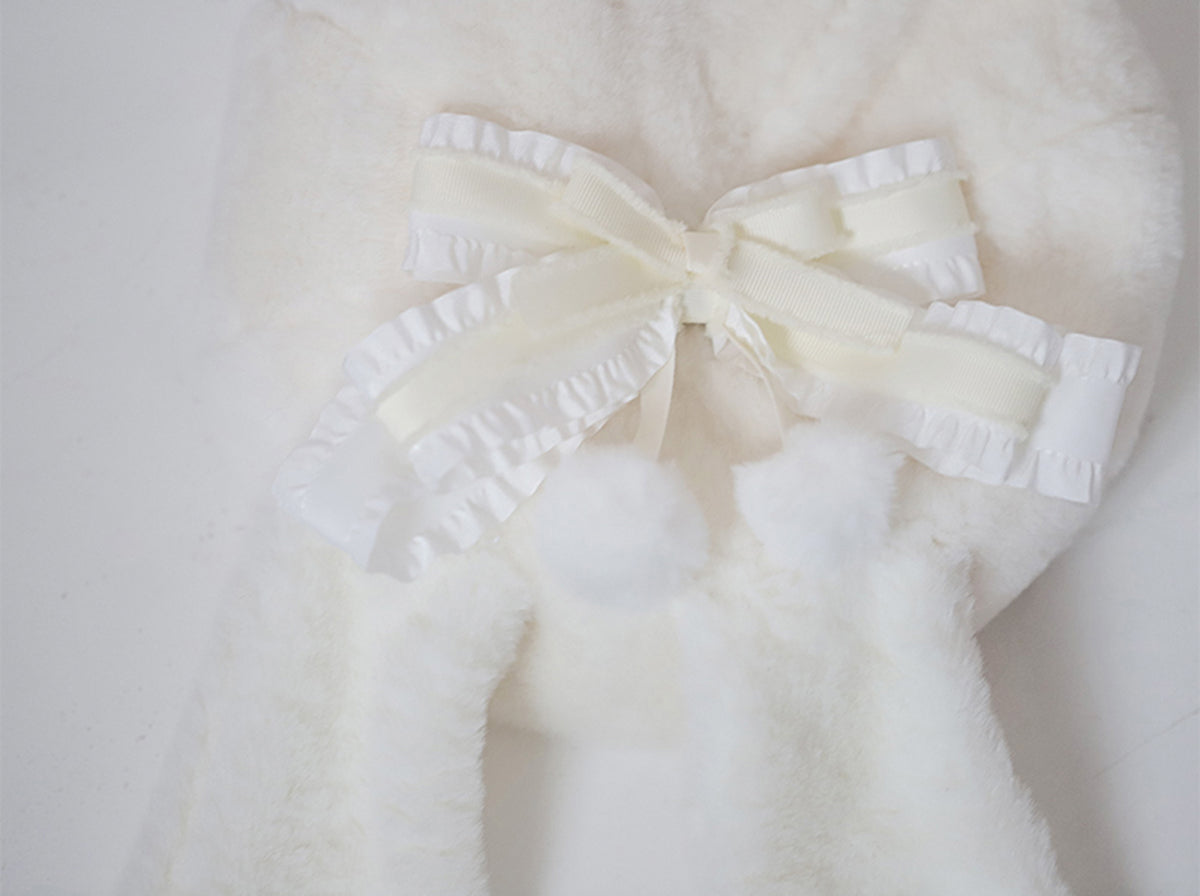 Women Cute Rabbit Ear Plush Cap Outdoor Fluffy Bunny Bow Knot Beret Hat White