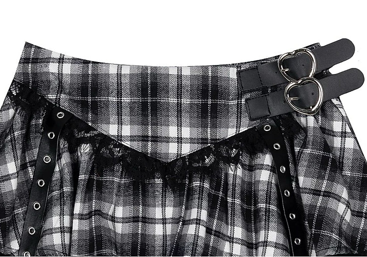 Gothic Plaid Lace Layered Mini Skirt with Heart Chain Double Buckle High Waist A-line Skirt for Women