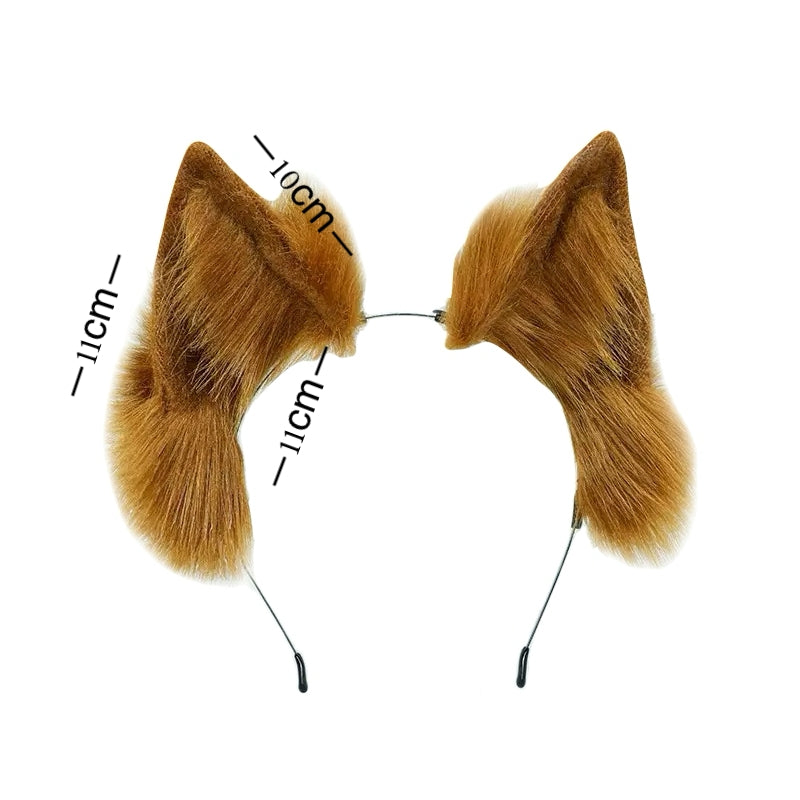 Handmade furry animal ear headband cosplay accessory with realistic plush fox ears matching tail