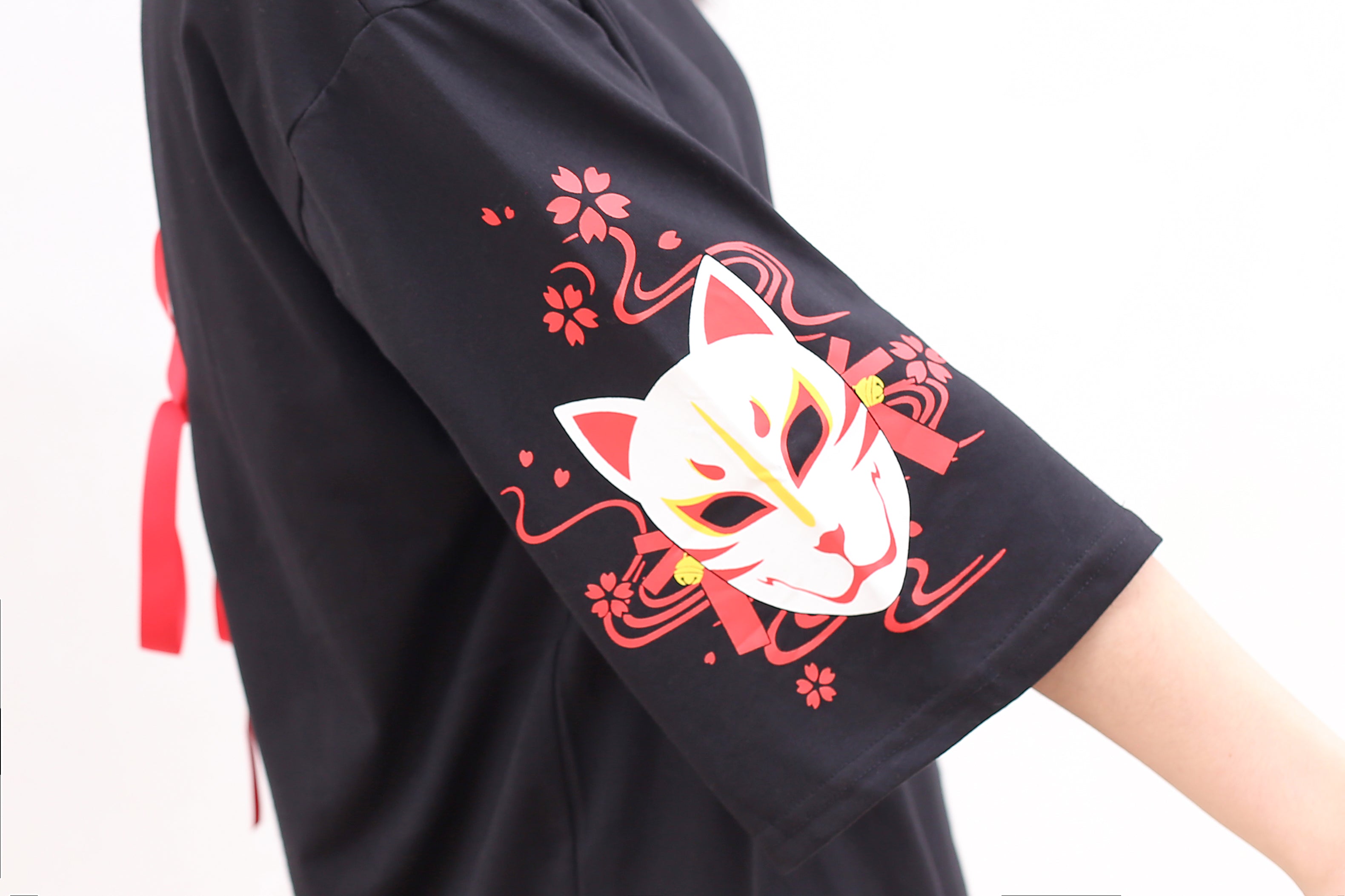 Kawaii Fox Print T-Shirt with Back Lace-Up Japanese Style Loose Half Sleeve Tee for Women