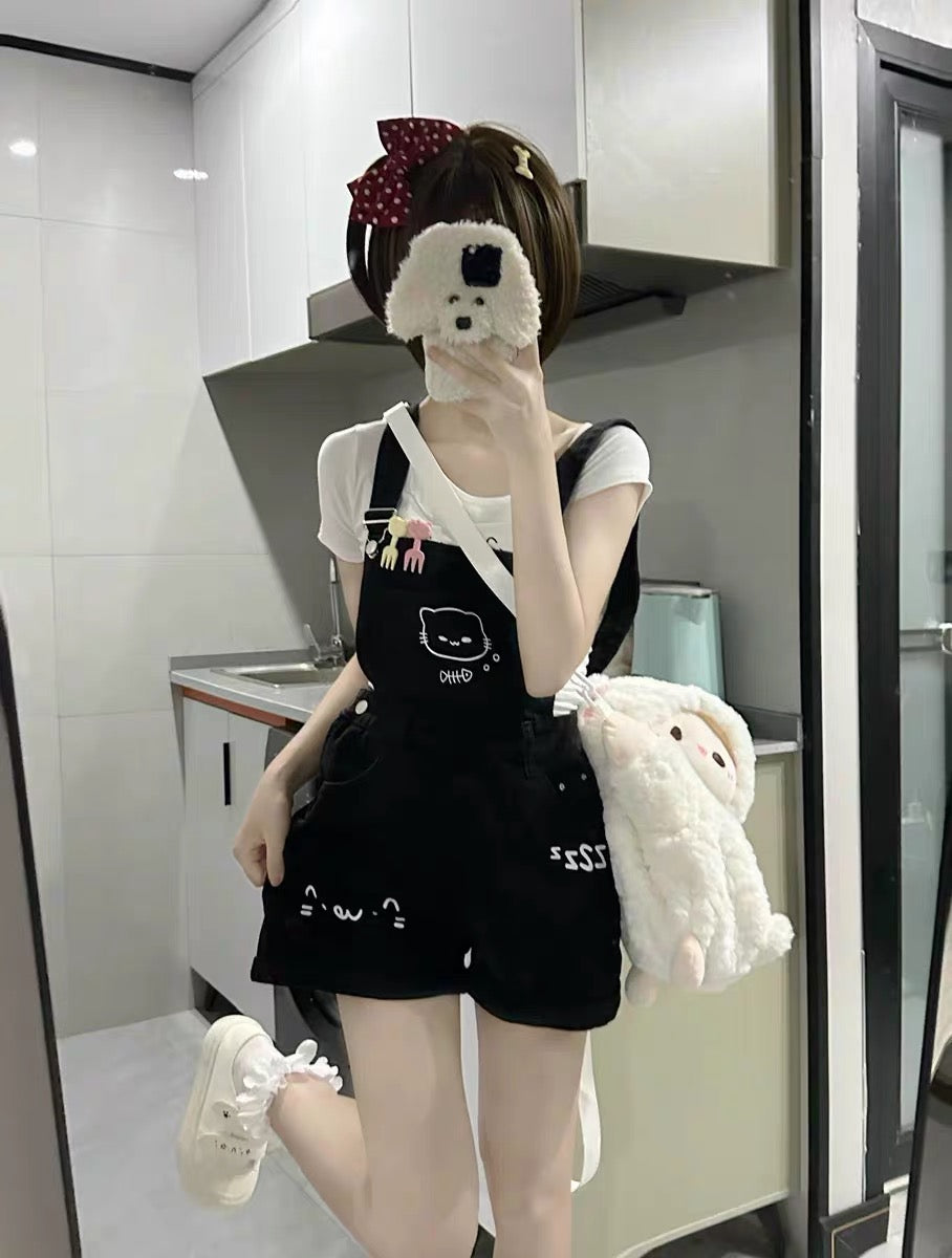 Kawaii Black Cat Print Overall Shorts Cute Suspender Cotton Romper with Cartoon Design