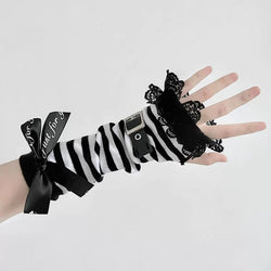 Gothic Lolita Lace Arm Warmers with Buckle & Bow Black & Striped Fingerless Gloves