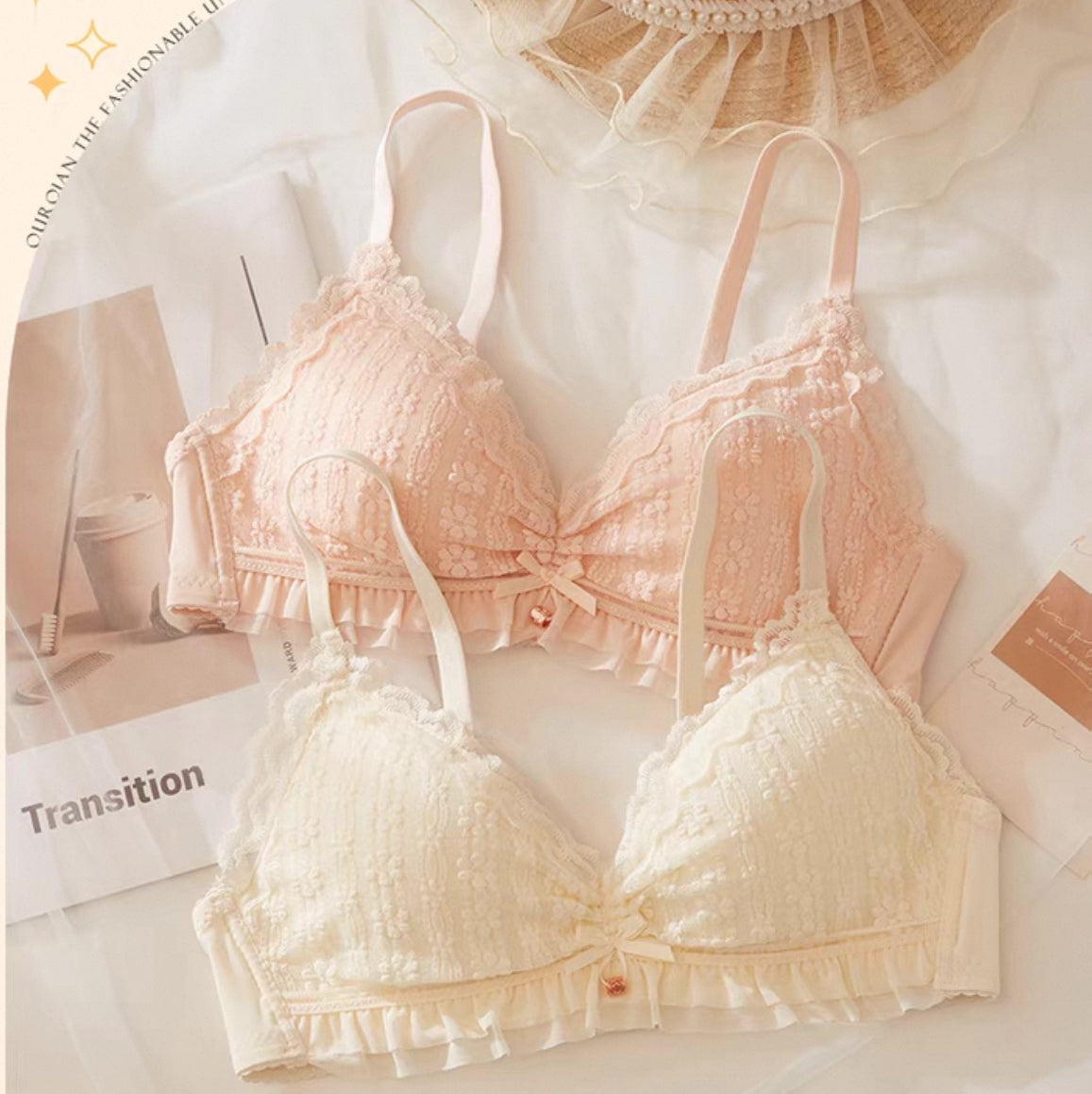 Sweet Lace Wireless Bra Set for Teen Girls Push Up Cotton Lingerie No Steel Ring