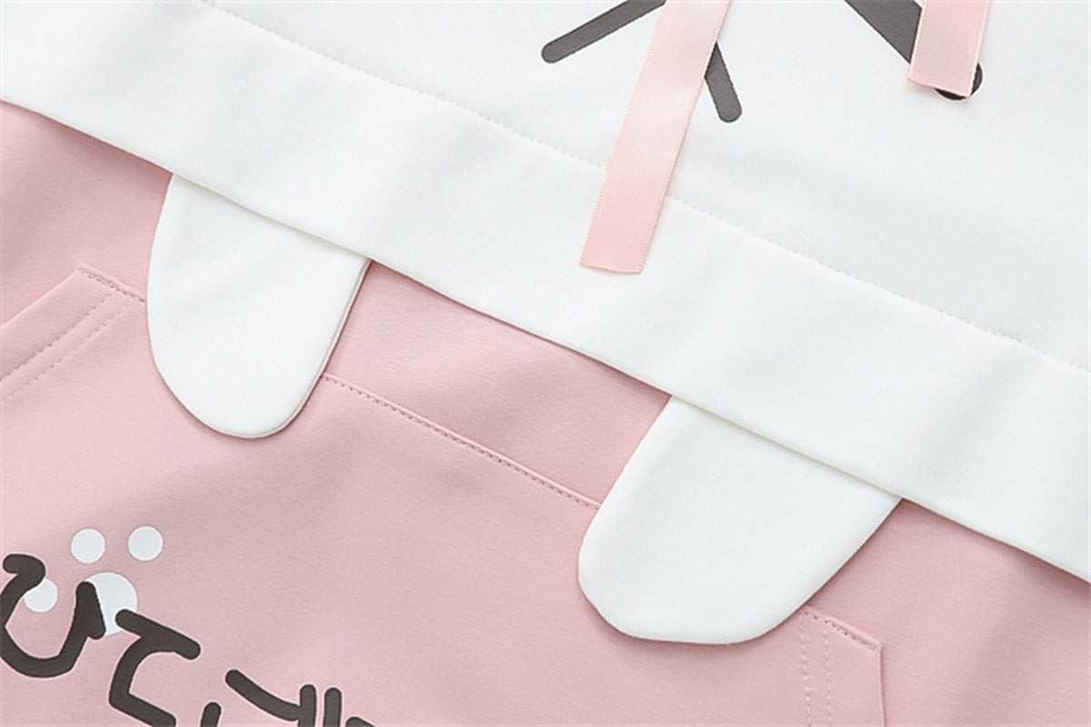 Kawaii Cat Ears Hoodie for Girls Japanese Cartoon Pullover with Paw & Tail Print