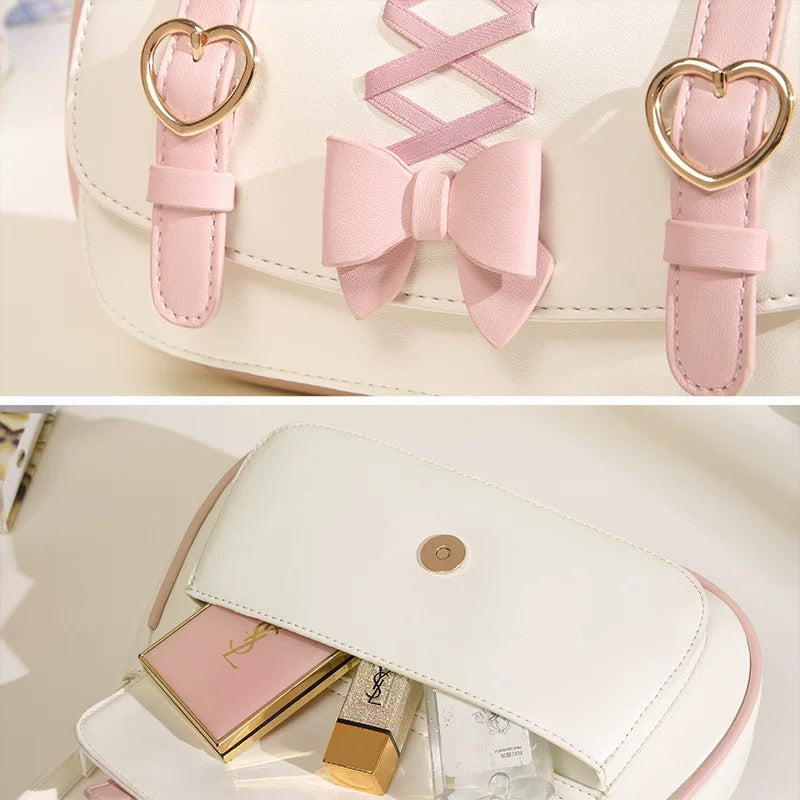 Kawaii Lolita Heart Buckle Shoulder Bag with Bow PU Leather Corset Lace Handbag for Ladies