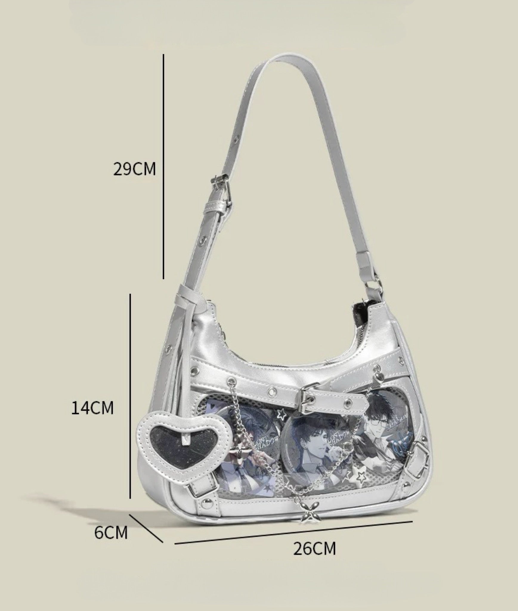 PU Ita Shoulder Bag Transparent Heart Display Gothic Y2K Anime Crossbody Handbag for Girls