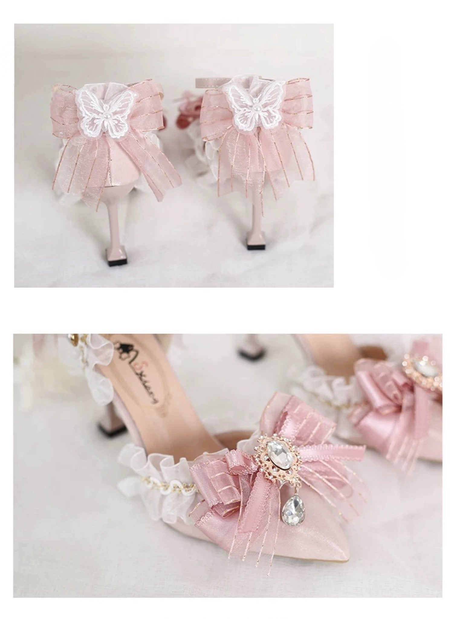Original Lolita Pink Bow Heels Handmade Bridal Party Shoes with Ruffles & Pearls