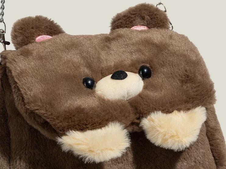 Plush Bear Backpack for Girls Cute Soft Fuzzy Shoulder Bag Winter Lolita Style Multiway