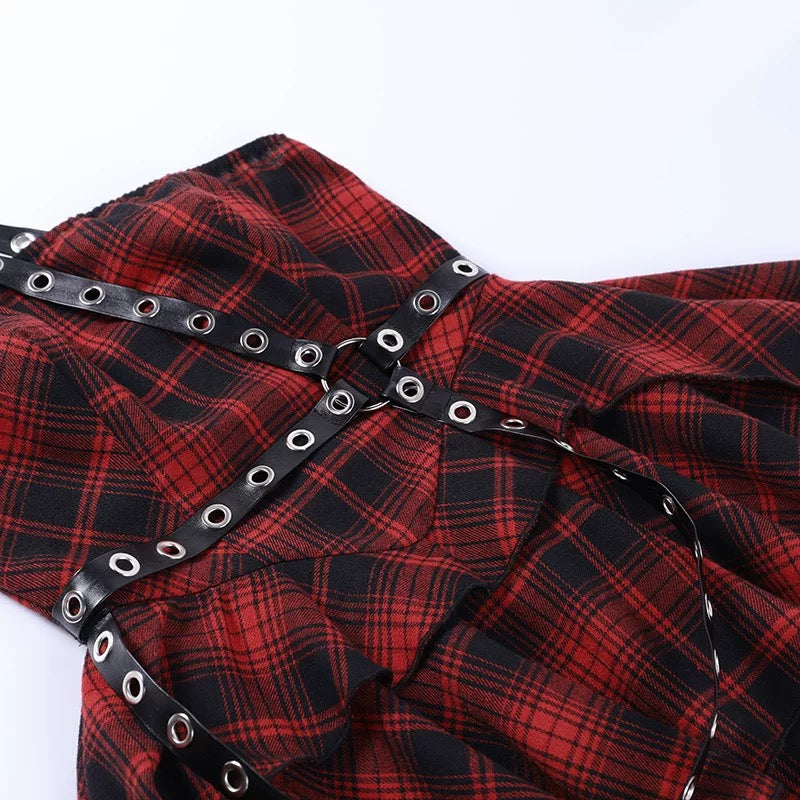 Gothic Red Plaid Punk Dress with Faux Leather Strap Harness Asymmetric Hem Y2K Grunge Girl Style